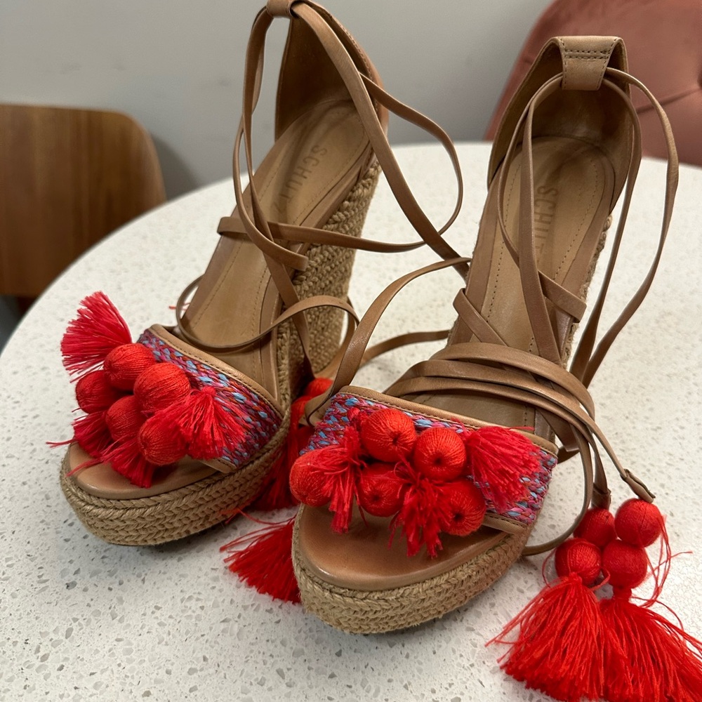 SCHUTZ PomPom Wedges Sandals - 7.5B